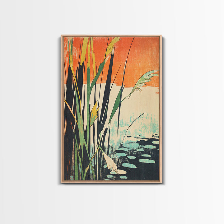 Tall Reeds Orange Sunset Canvas Print, Botanical Wall Art, Japanese Pond Landscape, Nature Decor, Serene Japandi Art Print