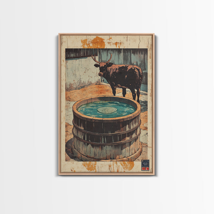 Longhorn Bull Water Trough Canvas Print, Western Wall Art, Rustic Farmhouse Decor, Ranch Animal Art, Country Wall Decor