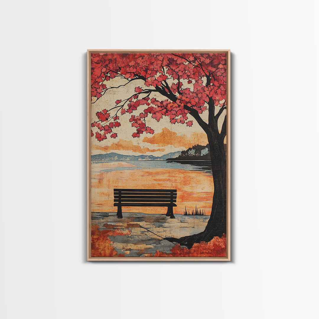 Red Maple Tree Bench By Quiet Lake Wall Art, Japanese Garden Print, Autumn Sunset Decor, Serene Living Room Wall Decor, Housewarming Gift