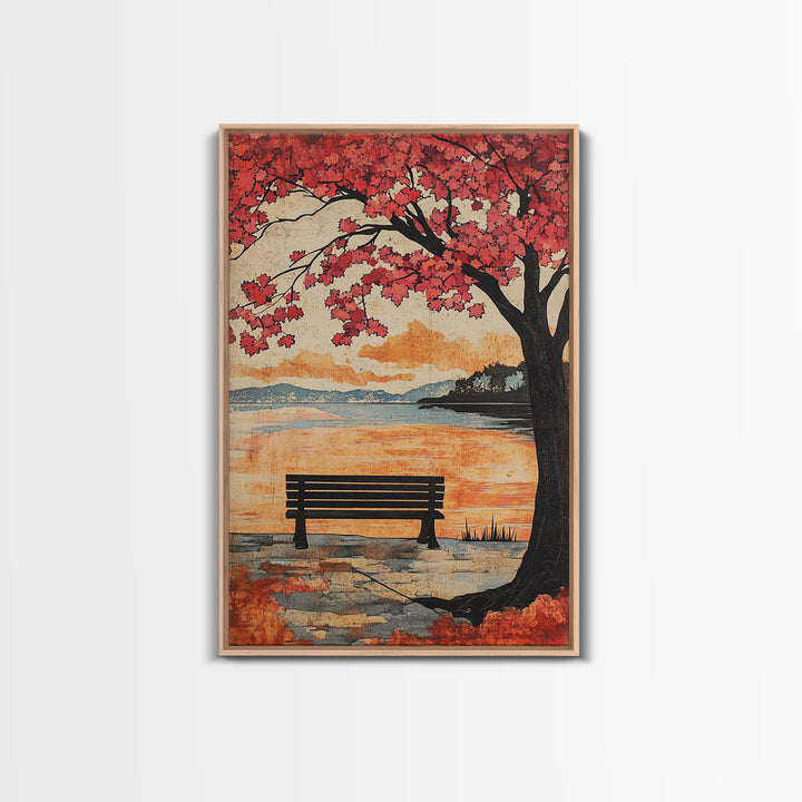 Red Maple Tree Bench By Quiet Lake Wall Art, Japanese Garden Print, Autumn Sunset Decor, Serene Living Room Wall Decor, Housewarming Gift