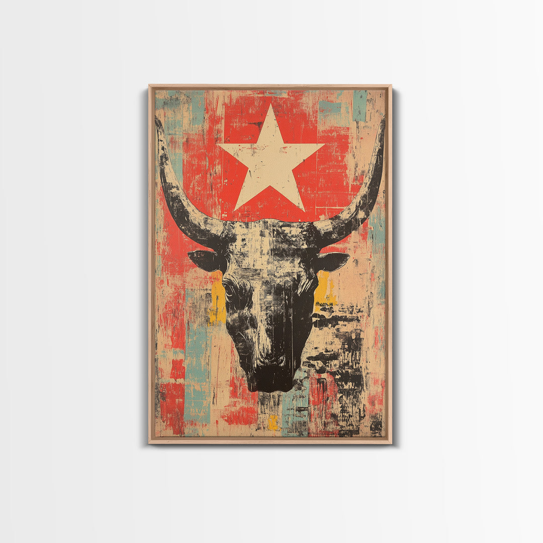 Longhorn Skull With White Star Canvas Print, Western Wall Art, Southwestern Decor, Rustic Ranch Art, Bold Living Room Decor