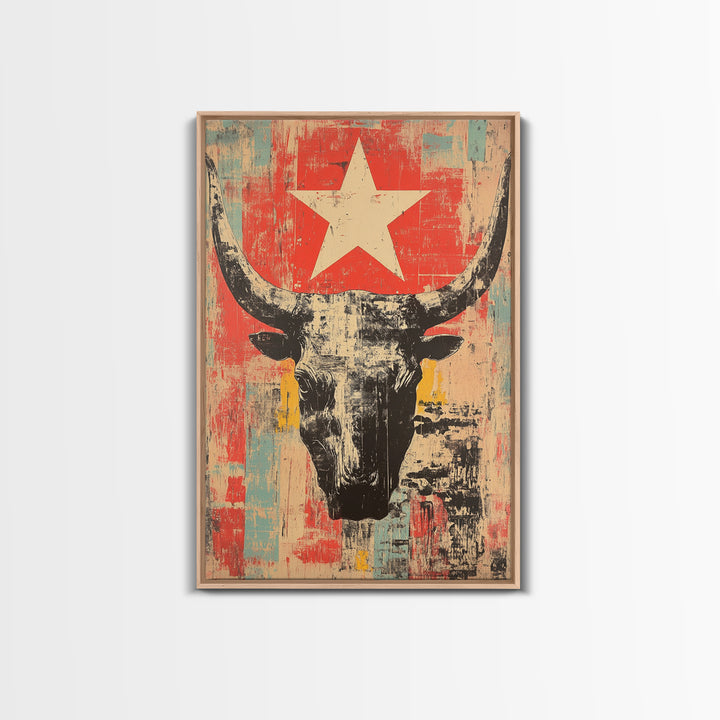 Longhorn Skull With White Star Canvas Print, Western Wall Art, Southwestern Decor, Rustic Ranch Art, Bold Living Room Decor