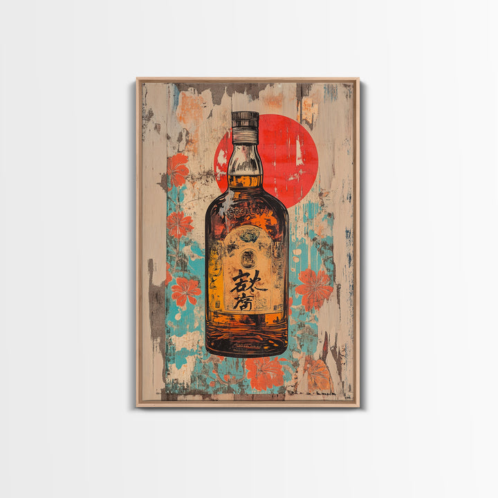 Japanese Whisky Bottle With Red Sun Canvas Print, Retro Bar Art, Floral Kitchen Decor, Home Bar Wall Decor, Gift For Him