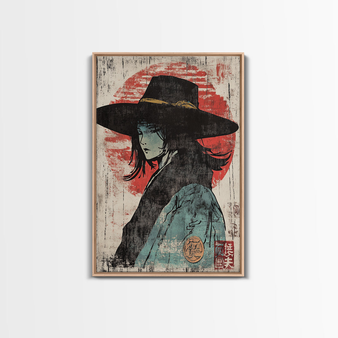 Mysterious Woman In Wide Black Hat Wall Art, Japanese Portrait Print, Anime Style Decor, Moody Wall Decor, Gift For Her, Home Decor