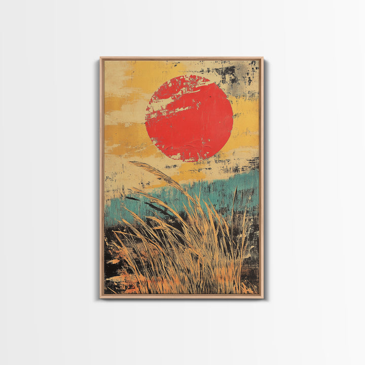 Red Sun Over Golden Reeds Canvas Print, Japanese Landscape Poster, Japandi Wall Decor, Boho Asian Inspired Home Decor, Art Print