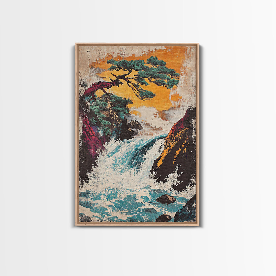 Pine Tree Waterfall Mountain Framed Canvas Print, Japanese Landscape Art, Nature Wall Decor, Serene Asian Home Decor, Living Room Art