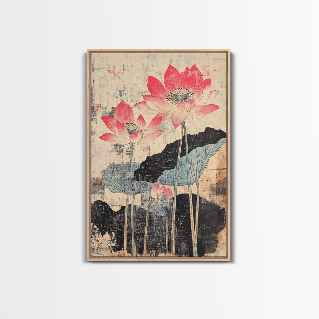 Pink Lotus Flowers With Ink Leaves Wall Art, Botanical Japanese Print, Asian Inspired Decor, Feminine Bedroom Wall Decor
