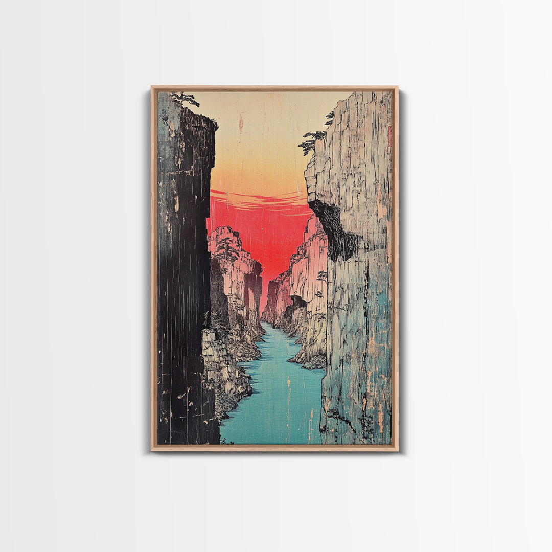 Red Sunset Canyon River Canvas Print, Japanese Gorge Landscape, Dramatic Nature Wall Decor, Asian Inspired Office Art, Home Decor