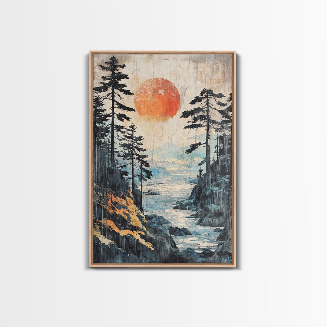 Red Sun Forest River Wall Art, Japanese Mountain Landscape Print, Nature Wall Decor, Large Framed Canvas Print For Living Room Decor