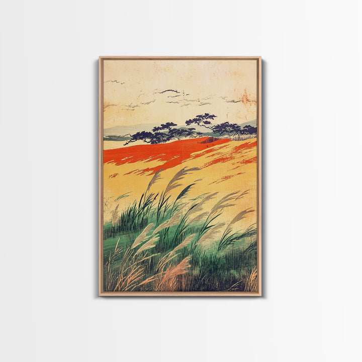 Golden Meadow Grasses And Coastal Hills Wall Art, Rustic Country Landscape Print, Farmhouse Decor, Warm Nature Canvas Print