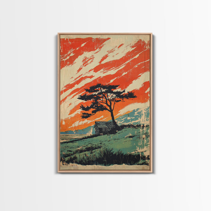 Lone Tree Cabin And Orange Mountain Sky Wall Art, Rustic Landscape Print, Western Home Decor, Statement Framed Canvas Print