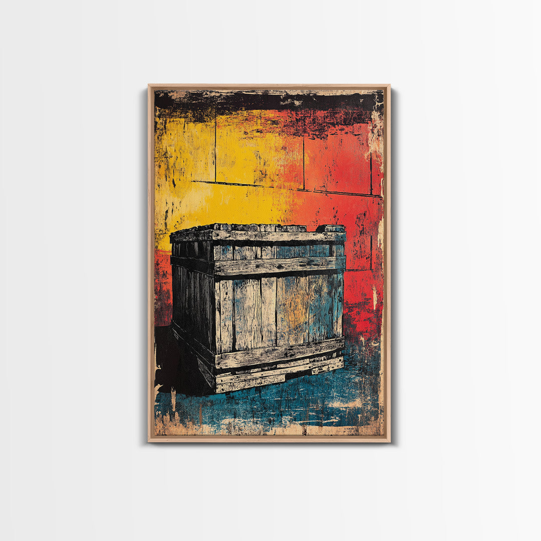 Weathered Wooden Crate Still Life Wall Art, Rustic Industrial Decor, Farmhouse Kitchen Print, Bold Color Canvas Print, Housewarming Gift
