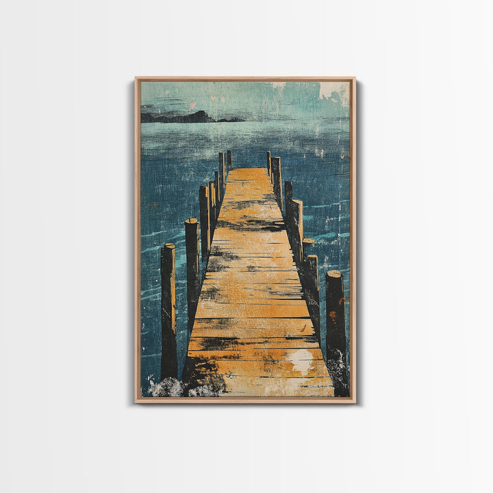 Wooden Dock Over Blue Lake Wall Art, Coastal Pier Landscape Print, Lake House Decor, Nautical Framed Canvas Print, Living Room Decor