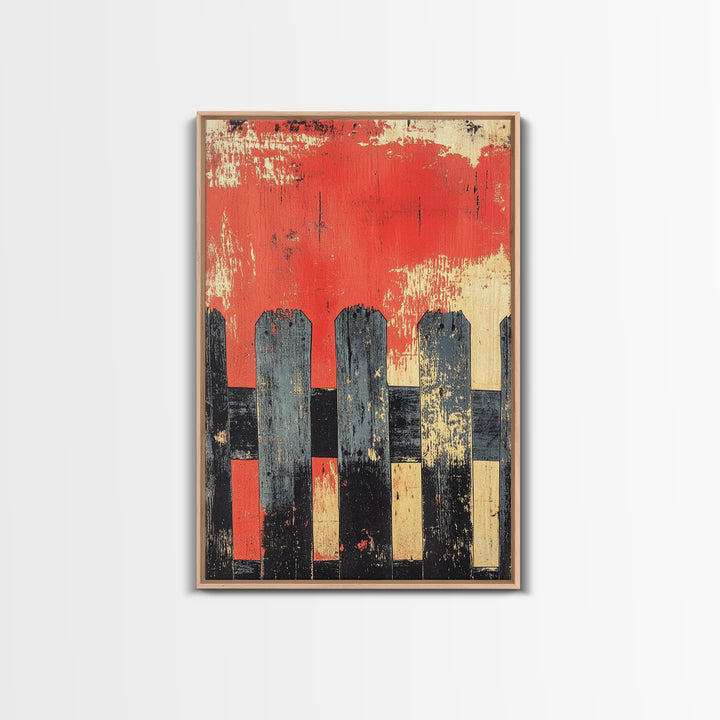 Black Picket Fence On Red Background Wall Art, Rustic Abstract Print, Farmhouse Wall Decor, Modern Canvas Print, Bold Home Decor