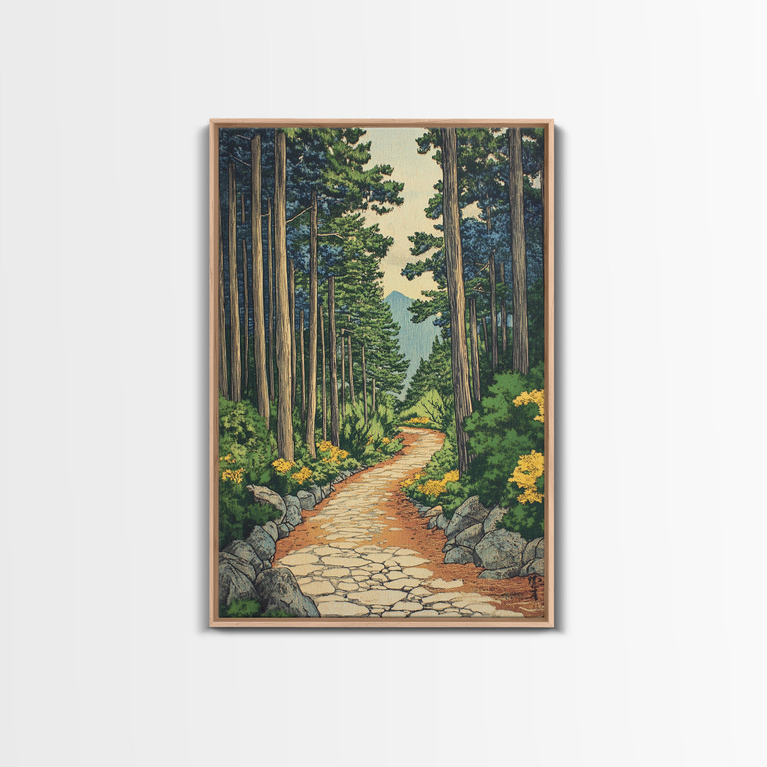 Pine Forest Path With Yellow Flowers Wall Art, Nature Landscape Print, Cabin Decor, Peaceful Framed Canvas Print, Living Room Decor