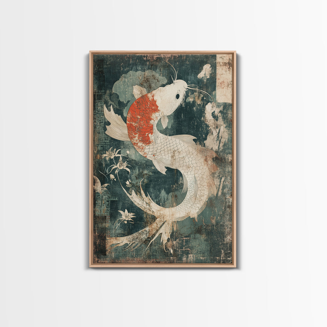 White And Orange Koi Fish Framed Canvas Print, Japanese Wall Art, Zen Home Decor, Asian Inspired Living Room Decor, Koi Wall Decor
