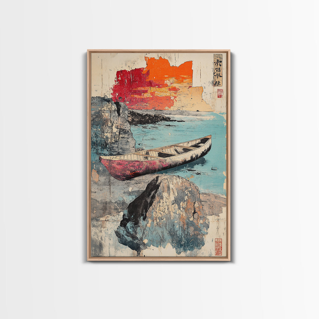 Weathered Canoe And Sea Cliffs Wall Art, Japanese Coastal Print, Ocean Landscape Decor, Nautical Living Room Wall Art, Home Decor