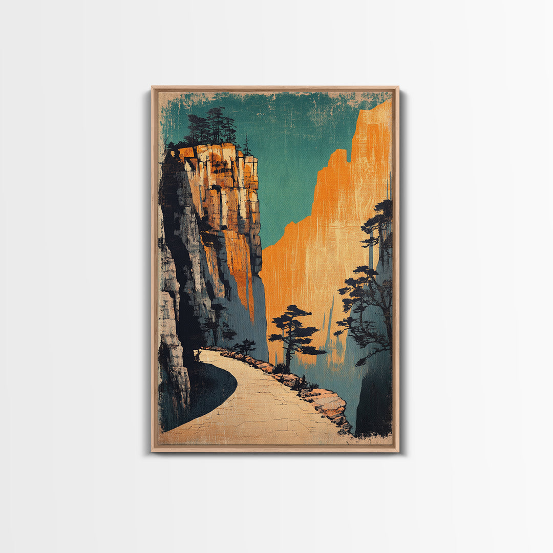 Golden Mountain Path Framed Canvas Print, Japanese Landscape Wall Art, Japandi Decor, Nature Wall Art, Entryway Wall Decor