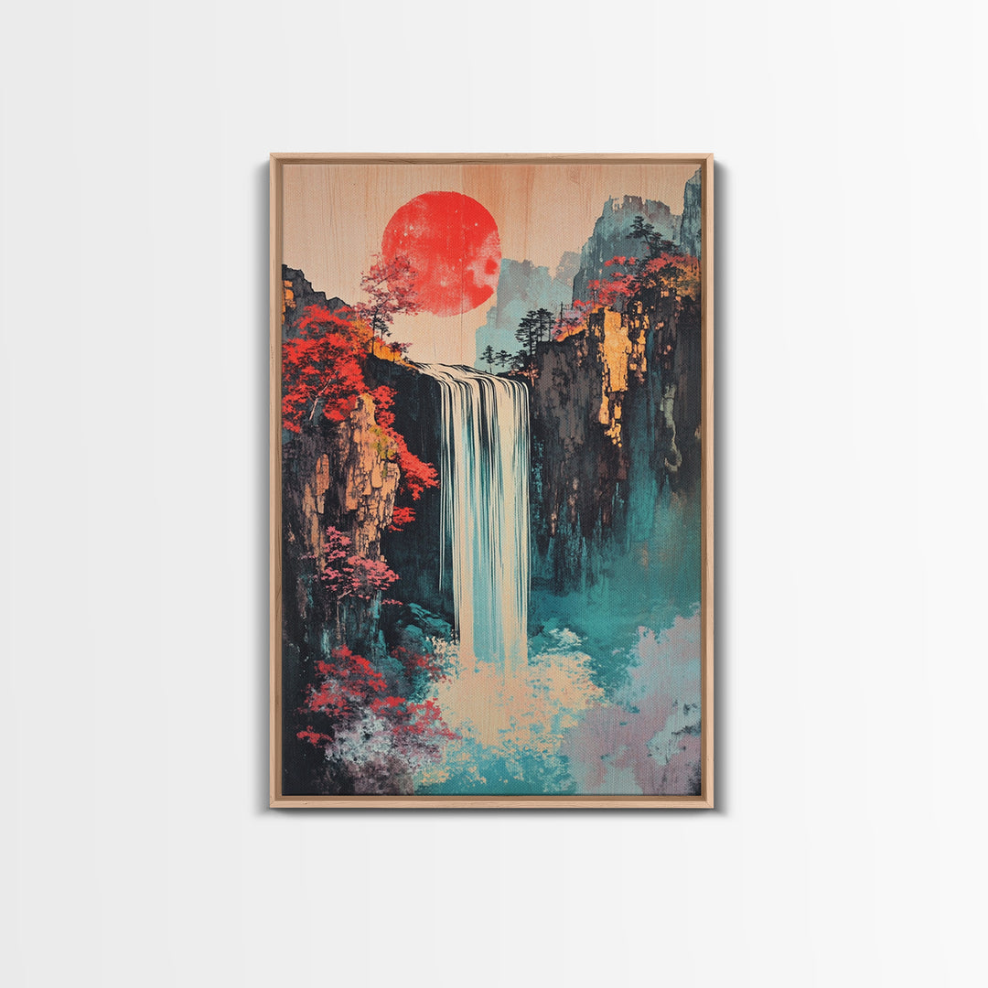 Red Sun Waterfall Mountain Landscape Wall Art, Japanese Woodblock Print Style, Teal Coastal Decor, Zen Living Room Art Print