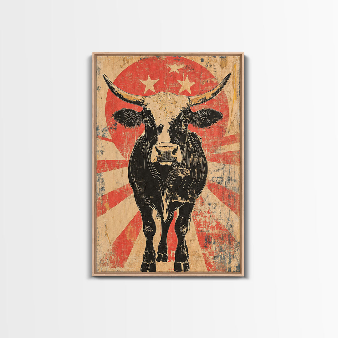 Black Longhorn Bull Retro Western Wall Art, Rustic Farmhouse Cowboy Canvas Print, Bold Animal Print, Man Cave Home Decor, Gift For Him