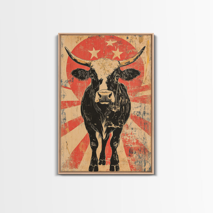 Black Longhorn Bull Retro Western Wall Art, Rustic Farmhouse Cowboy Canvas Print, Bold Animal Print, Man Cave Home Decor, Gift For Him