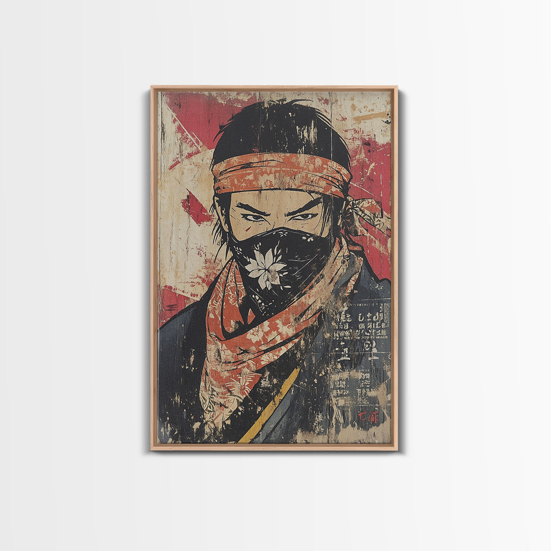 Masked Samurai Warrior Portrait Wall Art, Japanese Ink Style Canvas Print, Dark Academia Decor, Bold Asian Wall Decor, Gift For Him