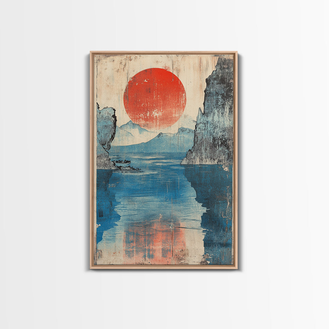 Red Sun Blue Mountain Lake Wall Art, Japanese Woodblock Style Canvas Print, Calm Coastal Landscape Decor For Living Room