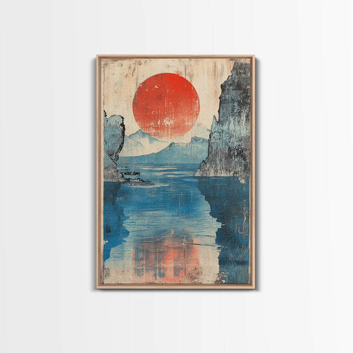 Red Sun Blue Mountain Lake Wall Art, Japanese Woodblock Style Canvas Print, Calm Coastal Landscape Decor For Living Room