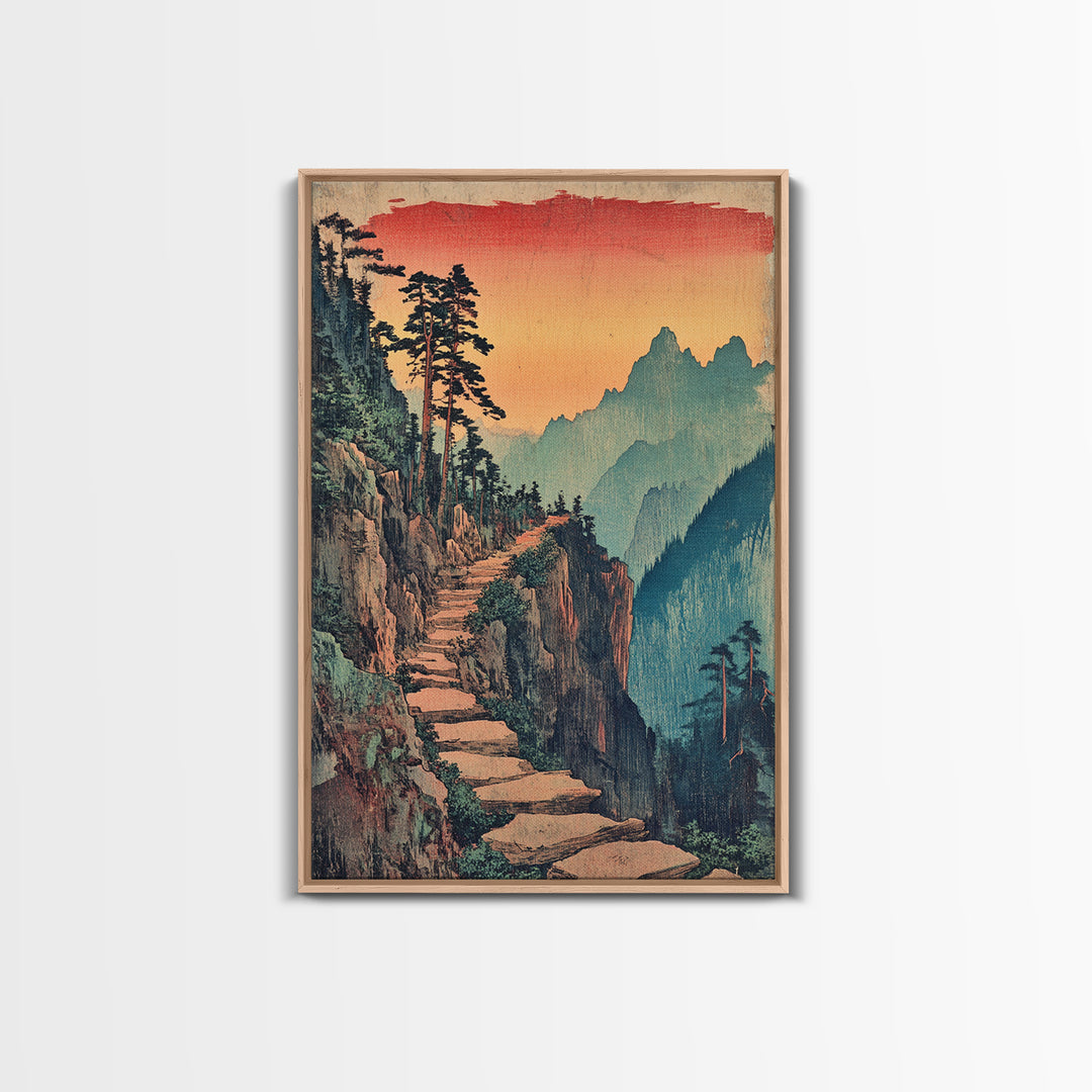 Sunset Mountain Path Pine Forest Wall Art, Japanese Woodblock Landscape Canvas Print, Rustic Nature Decor For Living Room