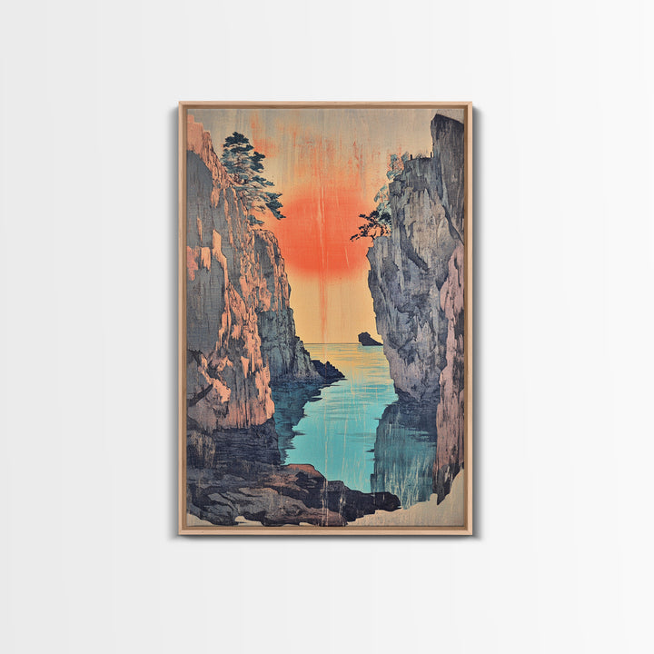 Sunset Sea Canyon Between Cliffs Framed Canvas Print, Japanese Wall Art, Coastal Landscape Poster, Ocean Decor Gift For Her