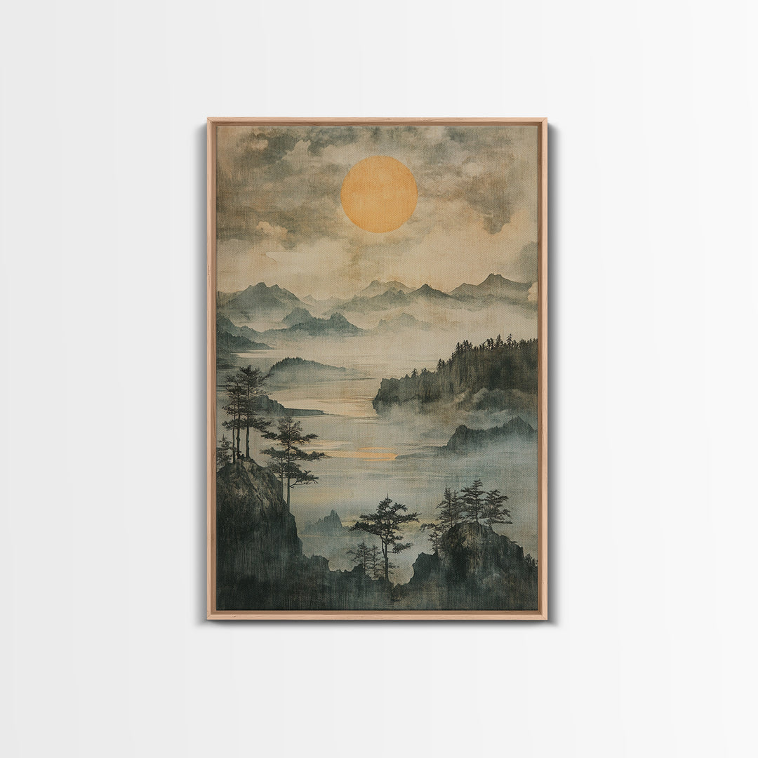 Misty Mountain Lake With Golden Sun Wall Art, Japanese Landscape Canvas Print, Serene Forest Decor, Japandi Home Decor Gift