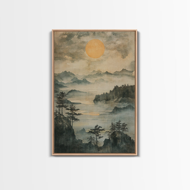 Misty Mountain Lake With Golden Sun Wall Art, Japanese Landscape Canvas Print, Serene Forest Decor, Japandi Home Decor Gift