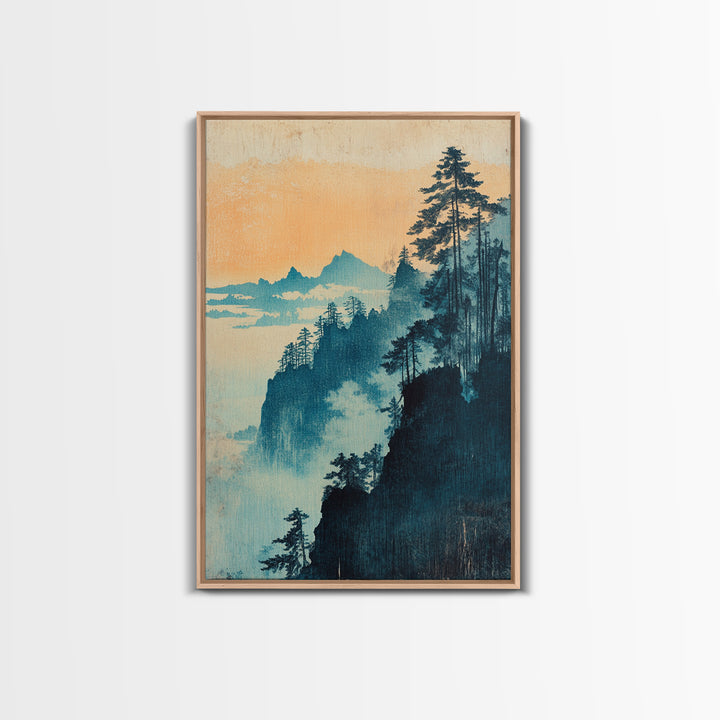 Blue Mist Forested Cliffs At Dawn Canvas Print, Japanese Landscape Wall Art, Nature Wall Decor, Serene Coastal Home Decor