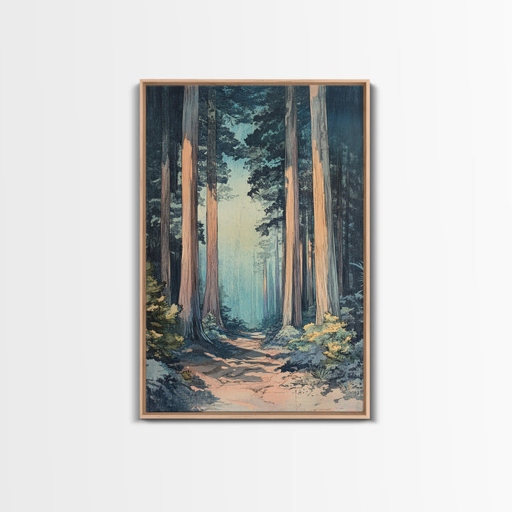 Misty Redwood Forest Path Wall Art, Tall Tree Nature Print, Moody Woodland Decor, Japandi Living Room Canvas Print For Entryway