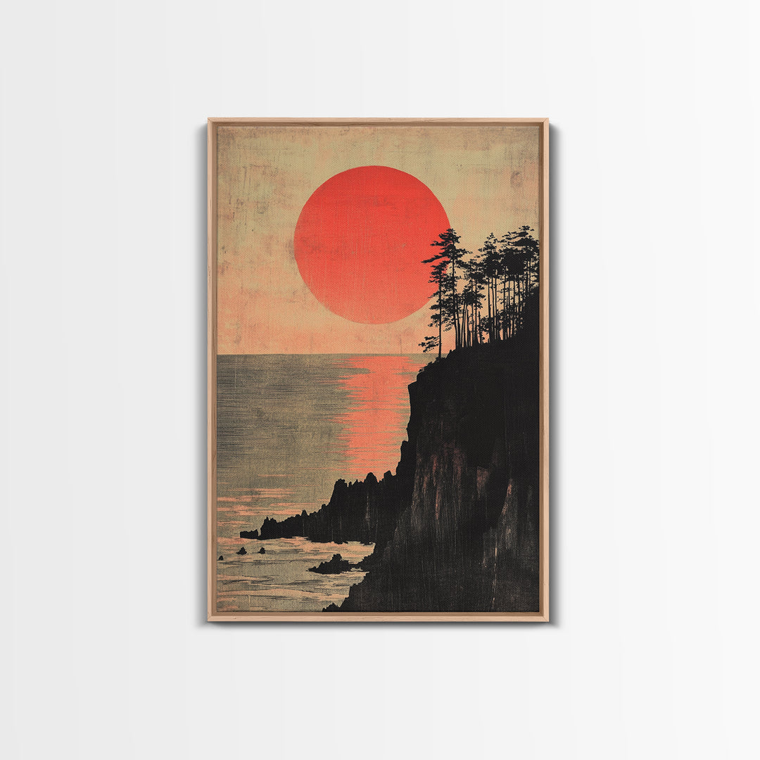Crimson Sun Over Ocean Cliffs Wall Art, Japanese Coastal Poster, Moody Seascape Decor, Large Framed Canvas Print For Living Room