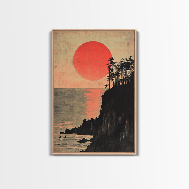 Crimson Sun Over Ocean Cliffs Wall Art, Japanese Coastal Poster, Moody Seascape Decor, Large Framed Canvas Print For Living Room