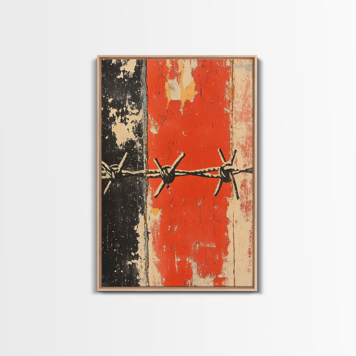 Distressed Barbed Wire On Red Black Wall Art, Industrial Abstract Poster, Edgy Rustic Decor, Modern Canvas Print For Man Cave