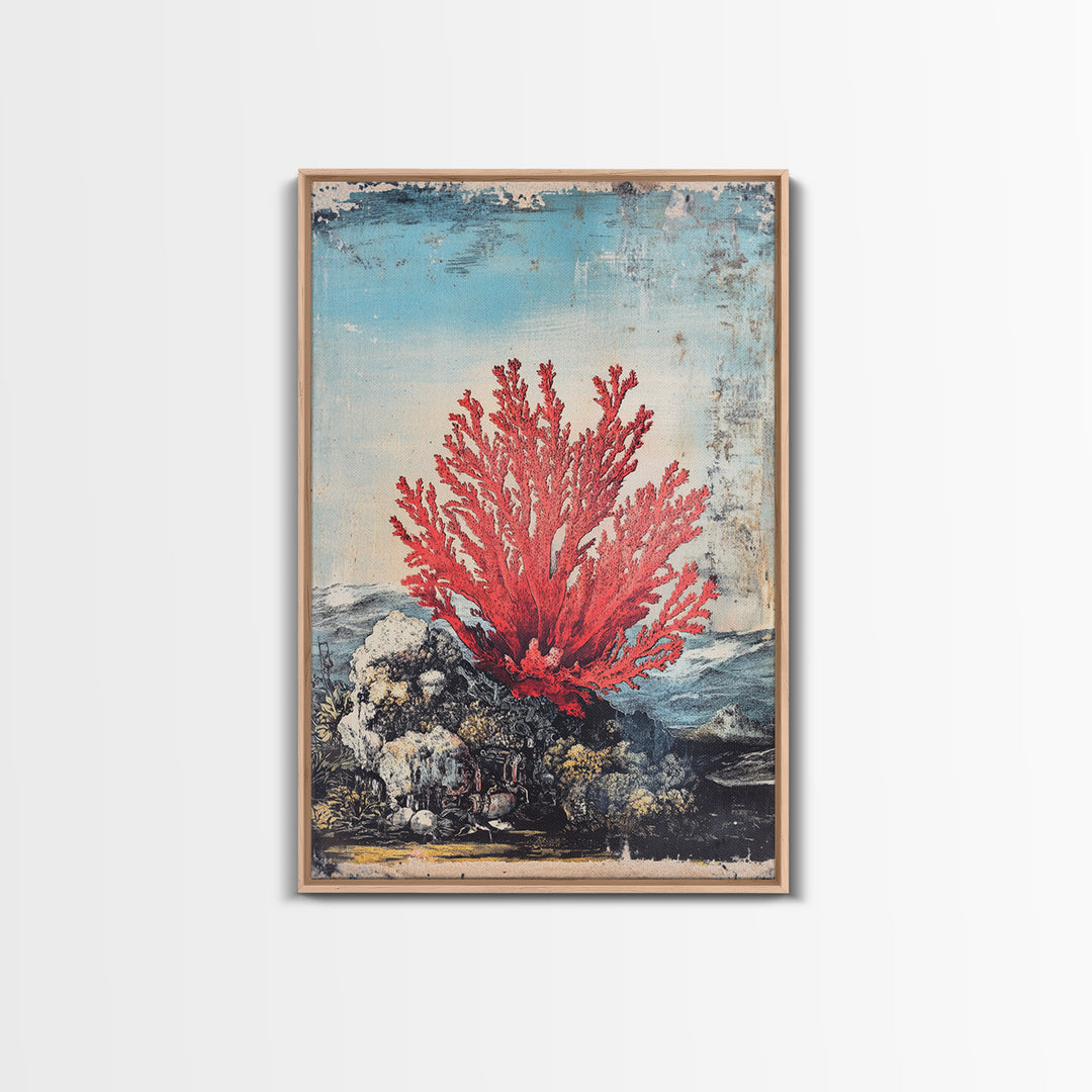 Red Sea Fan Coral On Rocks Wall Art, Coastal Ocean Botanical Print, Nautical Beach House Decor, Framed Canvas Print Gift