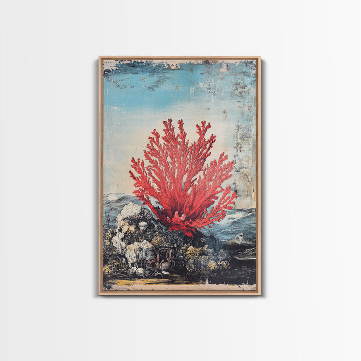 Red Sea Fan Coral On Rocks Wall Art, Coastal Ocean Botanical Print, Nautical Beach House Decor, Framed Canvas Print Gift