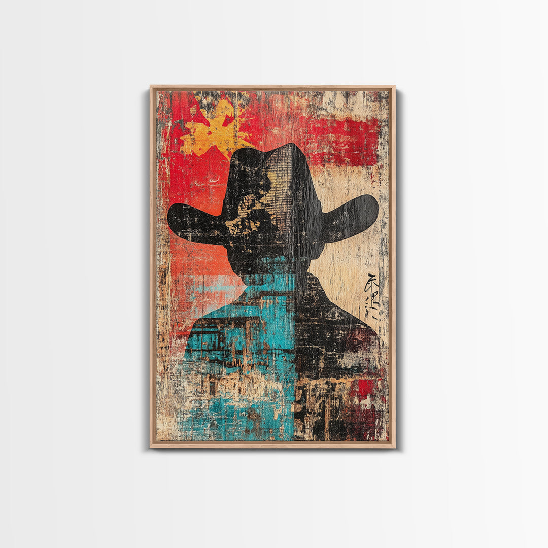 Abstract Cowboy Silhouette Wall Art, Western Canvas Print, Bold Red Teal Rustic Decor, Masculine Southwest Living Room Art