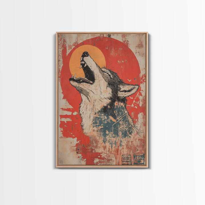 Howling Wolf Red Sun Wall Art, Rustic Wildlife Canvas Print, Southwestern Animal Decor, Moody Cabin Living Room Art Print