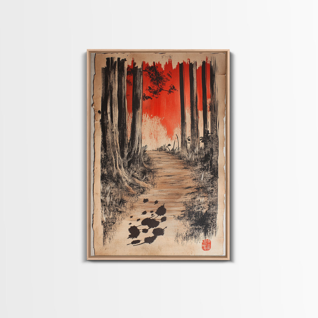 Red Sky Forest Path Wall Art, Japanese Landscape Canvas Print, Moody Woodland Decor, Nature Art For Cabin Or Office Decor