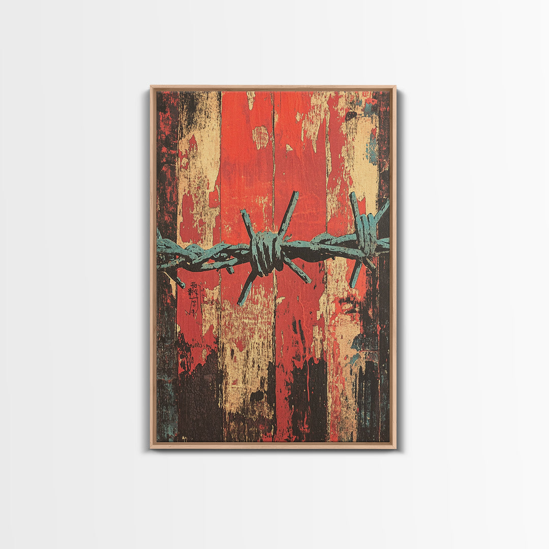 Barbed Wire Abstract Wall Art, Grunge Western Canvas Print, Red Teal Industrial Decor, Bold Rustic Statement Art For Office Decor