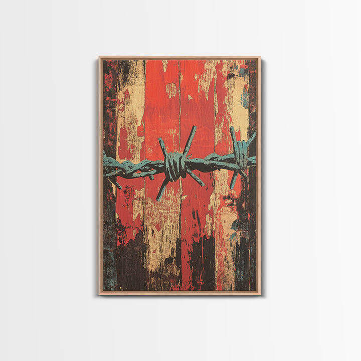 Barbed Wire Abstract Wall Art, Grunge Western Canvas Print, Red Teal Industrial Decor, Bold Rustic Statement Art For Office Decor