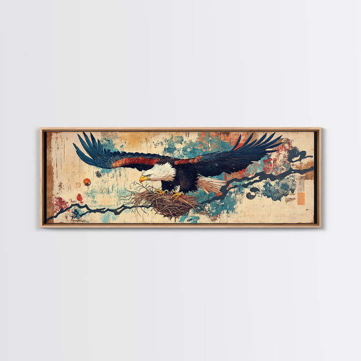 Soaring Eagle With Nest Japanese Inspired Wall Art, Panoramic Canvas Print, Asian Decor, Nature Wall Decor, Gift For Bird Lover