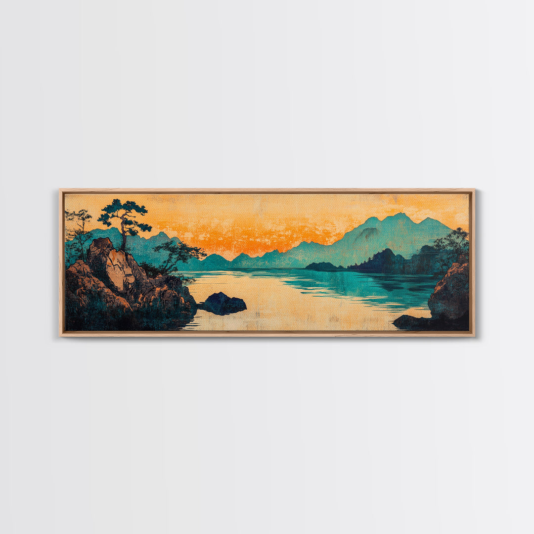 Teal Mountain Lake Japanese Landscape Wall Art, Panoramic Canvas Print, Asian Inspired Decor, Serene Living Room Decor, Housewarming Gift