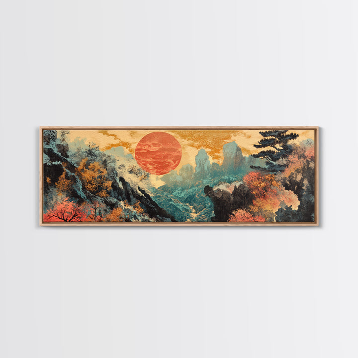 Red Sun Autumn Mountains Japanese Wall Art, Framed Canvas Print, Panoramic Landscape, Japandi Decor, Large Living Room Art