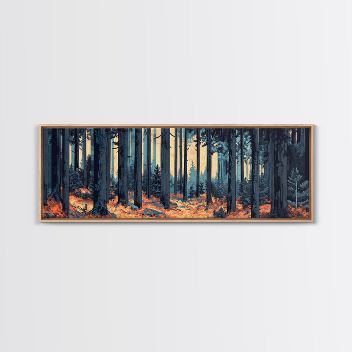 Blue Pine Forest With Orange Leaves Wall Art, Long Horizontal Canvas Print, Woodland Nature Decor, Moody Living Room Art