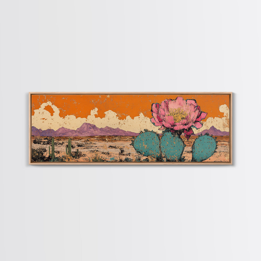 Pink Prickly Pear Cactus Desert Wall Art, Framed Canvas Print, Southwestern Decor, Orange Landscape, Gift For Plant Lover