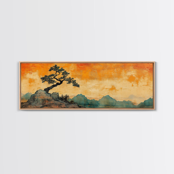 Lone Windblown Pine Orange Mountain Wall Art, Panoramic Canvas Print, Japandi Landscape Decor, Asian Inspired Home Decor